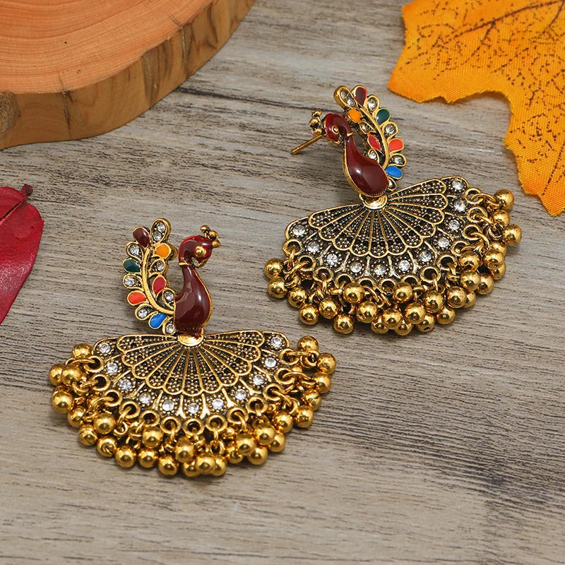 Hemasa  Bohemian Ethnic Peacock Bells Tassel Drop Earrings for Women Jhumka Brincos Pendientes