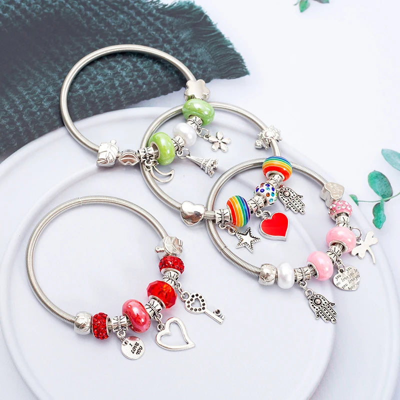 Fashion Simple Pandora Glazed Gem Beads Key Lock Love Hanging Bracelet Light Luxury Vintage Bangle For Women Jewelry Gift