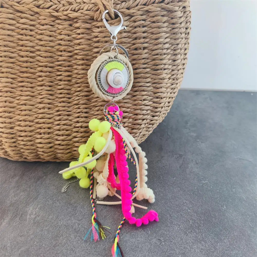 Leather Tassel With Colorful Pompons Handbag Accessorise Boho Style Keychains For Women Keyring Jewelry