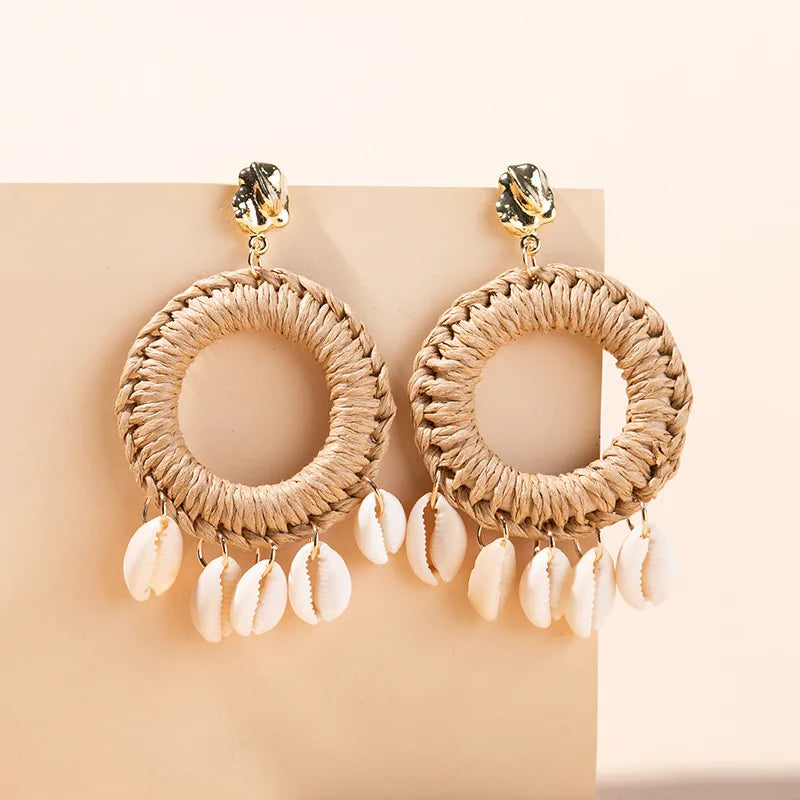 Boho Big Shell Cowrie Rattan Handmade Earrings Natural Seashell Statement Drop Earrings Women Summer Holiday Beach Jewelry Gift