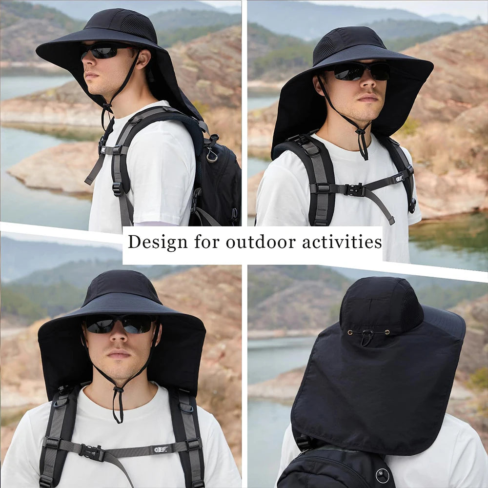 Tejesa Black Sun Hat for Men Women with Neck Flap UPF 50+ UV Protective Hiking Fishing Hats Wide Brim Sun Hat for Women&Men