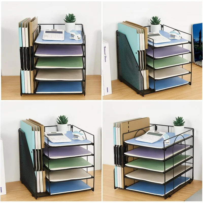 5 - Tier Paper Letter Tray Organizer with File Holder: Office Supplies Desktop Organizer