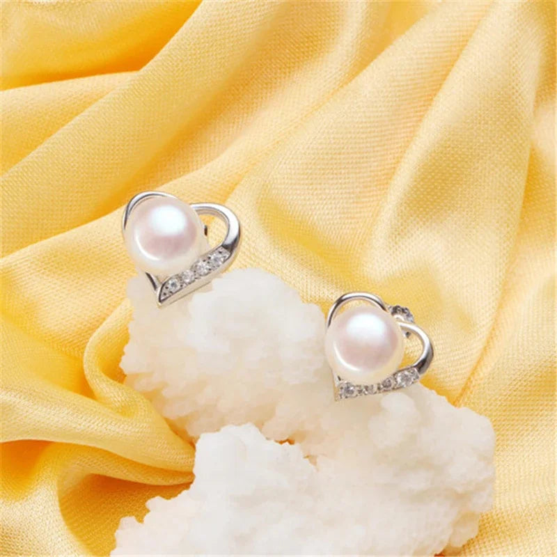 Classic Heart Stud Natural Pearl Earrings 925 Sterling Silver Earrings For Women 100% Genuine Pearl Earings Fashion Jewelry