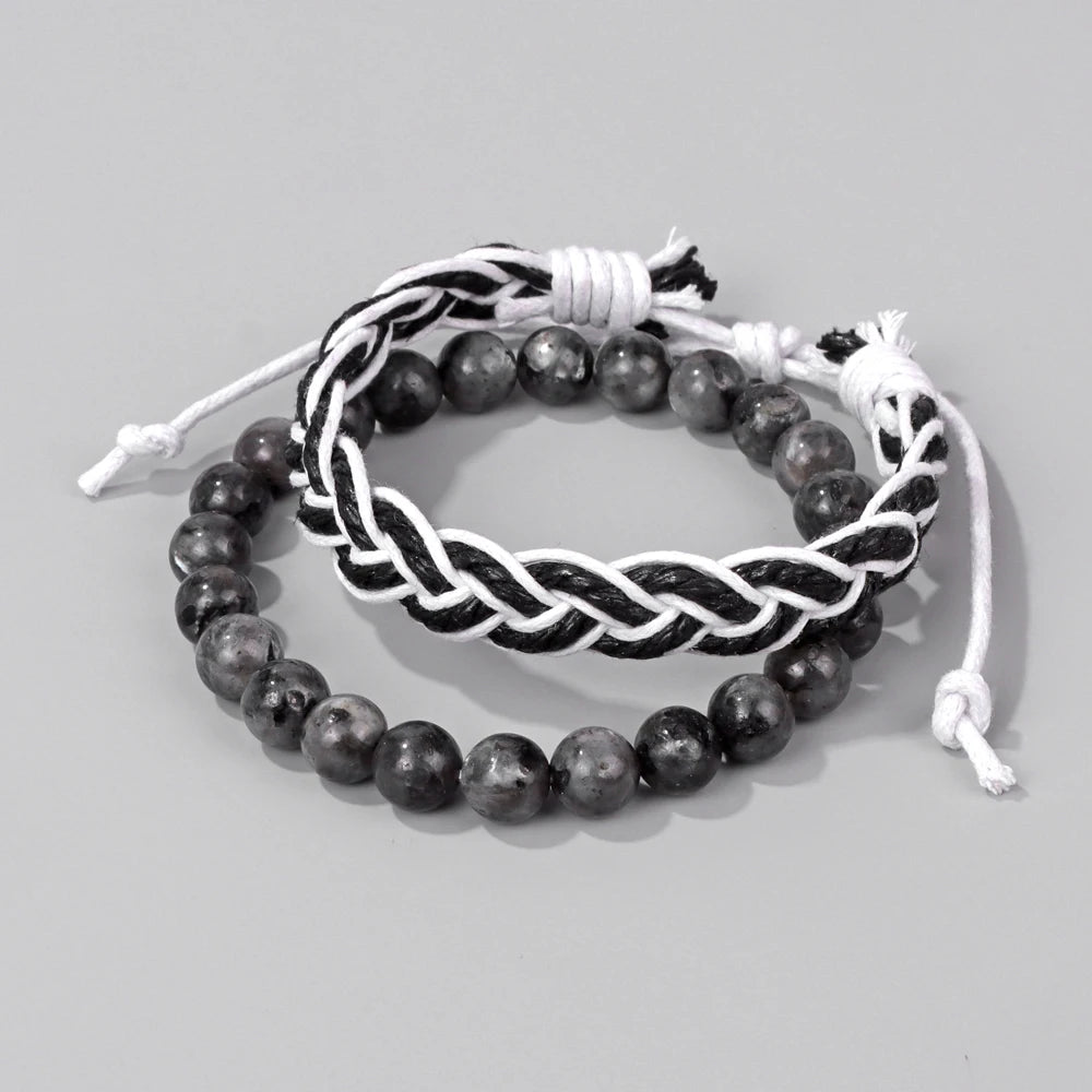 Tejesa 2pcs/set Boho Handmade Braided Rope Bracelet Natural Stone Lava Volcanic Beads Charm Bracelets Set Jewelry for Men Women Gift