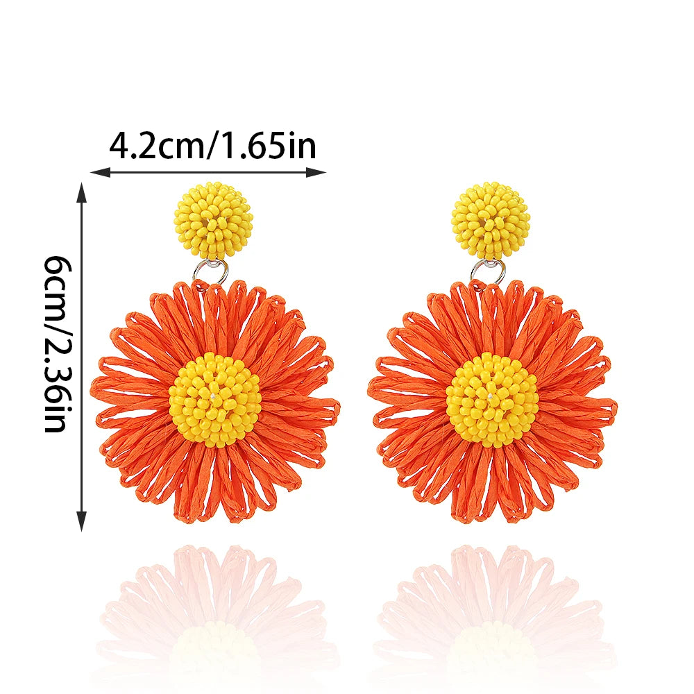 Hemasa Handmade Sun Flower Raffia Bead Earrings For Women/ Girl / Bohemian  Colorful Rattan Knit Earrings