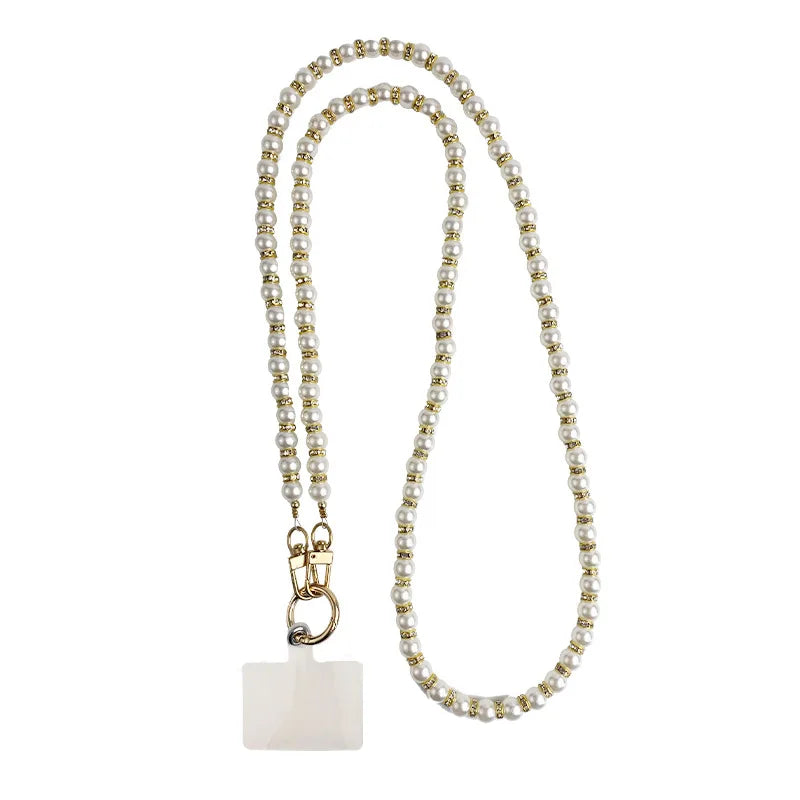 Long Pearl Phone Lanyard Handmade Bead Chain Single Shoulder Diagonal Cross Anti Drop Strap With Rhinestones For All Phone Cases