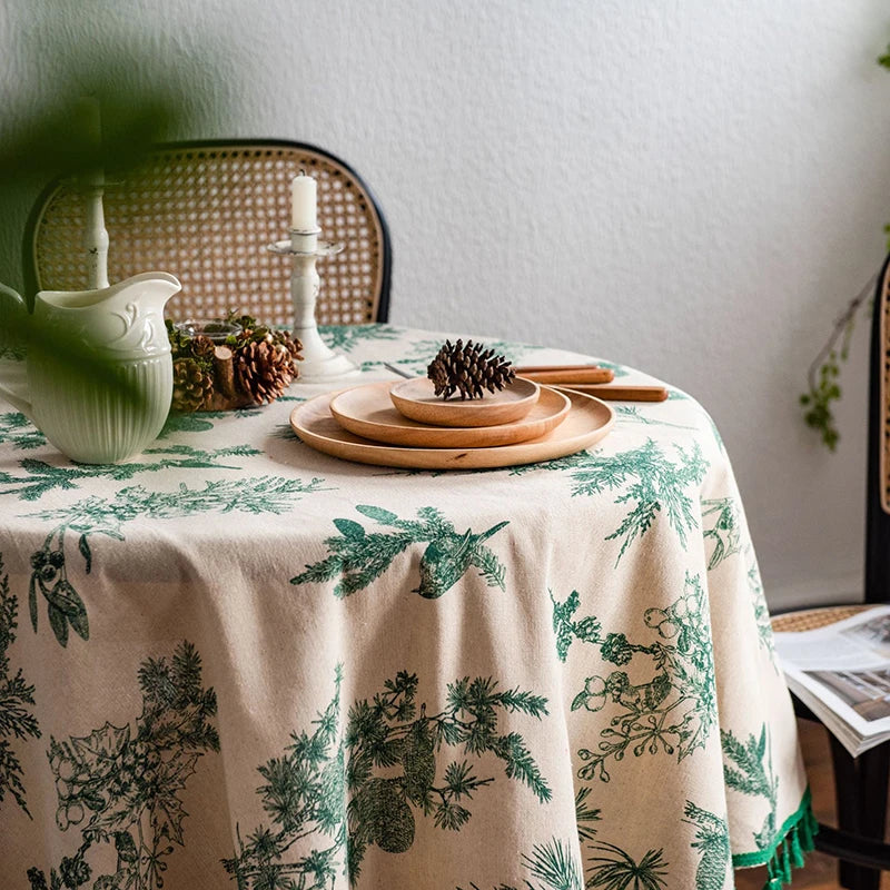 Green Leaves Print Round Tablecloth Cotton Linen Boho Table Cloth with Tassels for Kitchen Restaurant Christmas Party Decoration