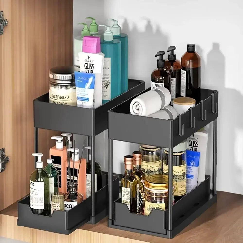 Hemasa 2 Floors Lower Sink Organizer Sliding Cabinet Basket Organizer Storage Shelf Hanger Hanging Cup Bathroom Kitchen Organizer