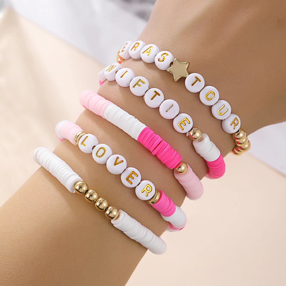Nich Design Simple Fashion Bohemian Polymer Clay Letter Adjustable Stretch Bracelet Sets for Women Jewelry Star Lover Bracelet