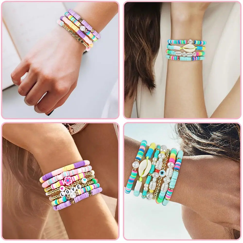 Hemasa 14Pcs/set Bracelets Set LOVE Shell Evil Eye Beaded Polymer Clay Stackable Charm  Bracelets for Girl