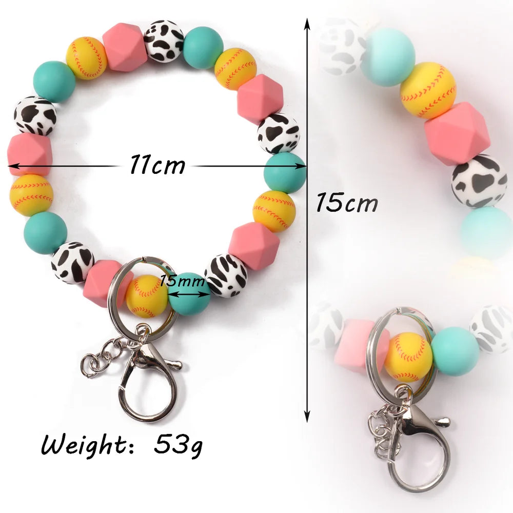 New Design Popular Sports Softball Wristlet Bracelet Custom Colorful Silicone Sports Beads Bangles Keyring Fashion Charm Jewelry