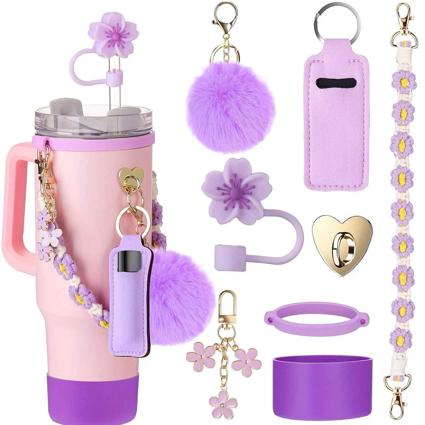 Hemasa 8PCS Cup Accessories, Set includes Water Bottle Handle Strap, Siliocne Boots, Lipstick Sleeve Pouch Straw Cap Cover for Stanley
