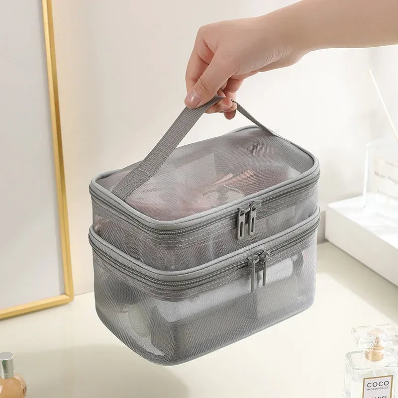 Hemasa Double Layer Mesh Cosmetic Bag  for Women/ Portable Make Up Case Big Capacity Travel Zipper Makeup Organizer Toiletry Storage Box