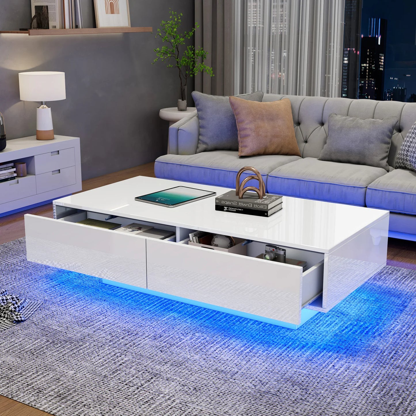 Smart LED Lighting with APP Bluetooth Control Tea Table , White High Gloss Coffee Table With 2 Drawers, Modern Rectangular Table