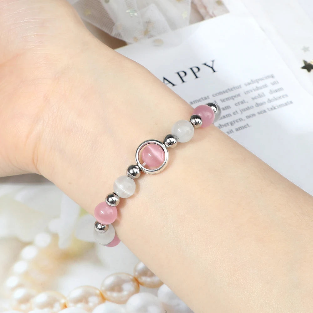 Charm Bracelets 8mm Natural Cat Eye Stone Beads Bangle For Women Men Elastic Rope Wristband Lucky Amulet Vintage Fashion Jewelry