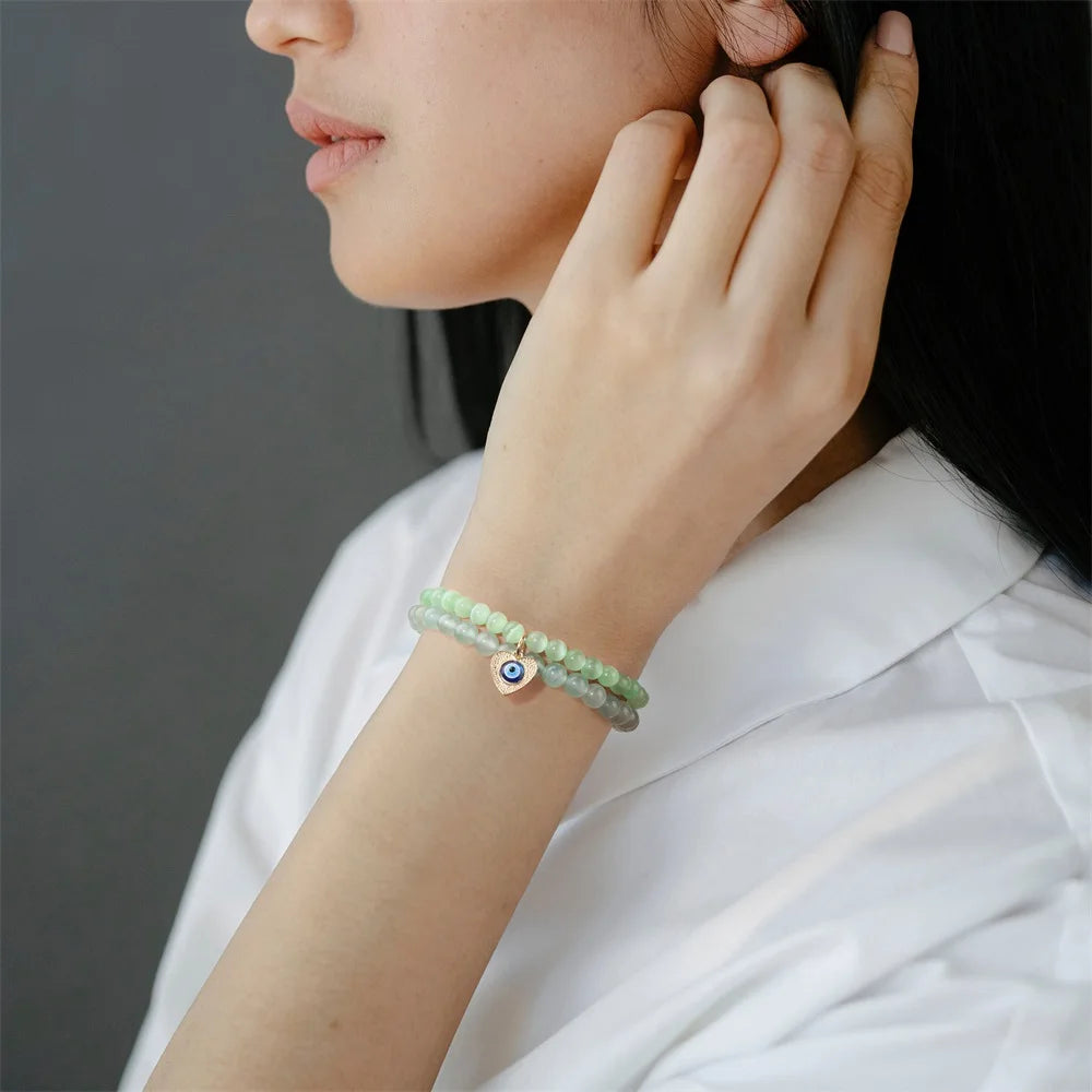 Blue Turkish Evil Eye Bracelet 6mm Natural Cat Eye Opal Stone Bracelets For Women Men Heart Shape Evil Eye Charm Bangles Jewelry
