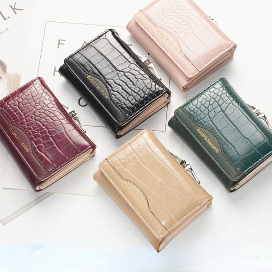 Wallet Women PU Leather Female Short Vintage Tri-fold Student Wallet Simple Multi-card Crocodile Pattern Coin Money Bag Purse