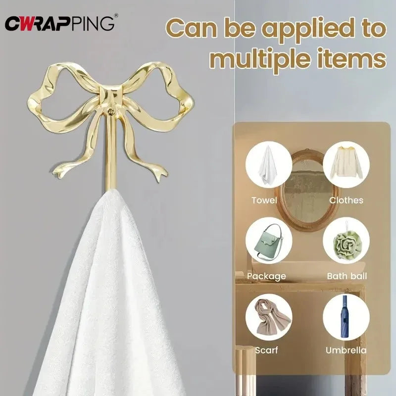 Wall Hook Rack Solid Towel Holder Gold Bow-Shape Decorative Hook Bathroom Bedroom Living Kitchen Elegant Home Decor Accessory