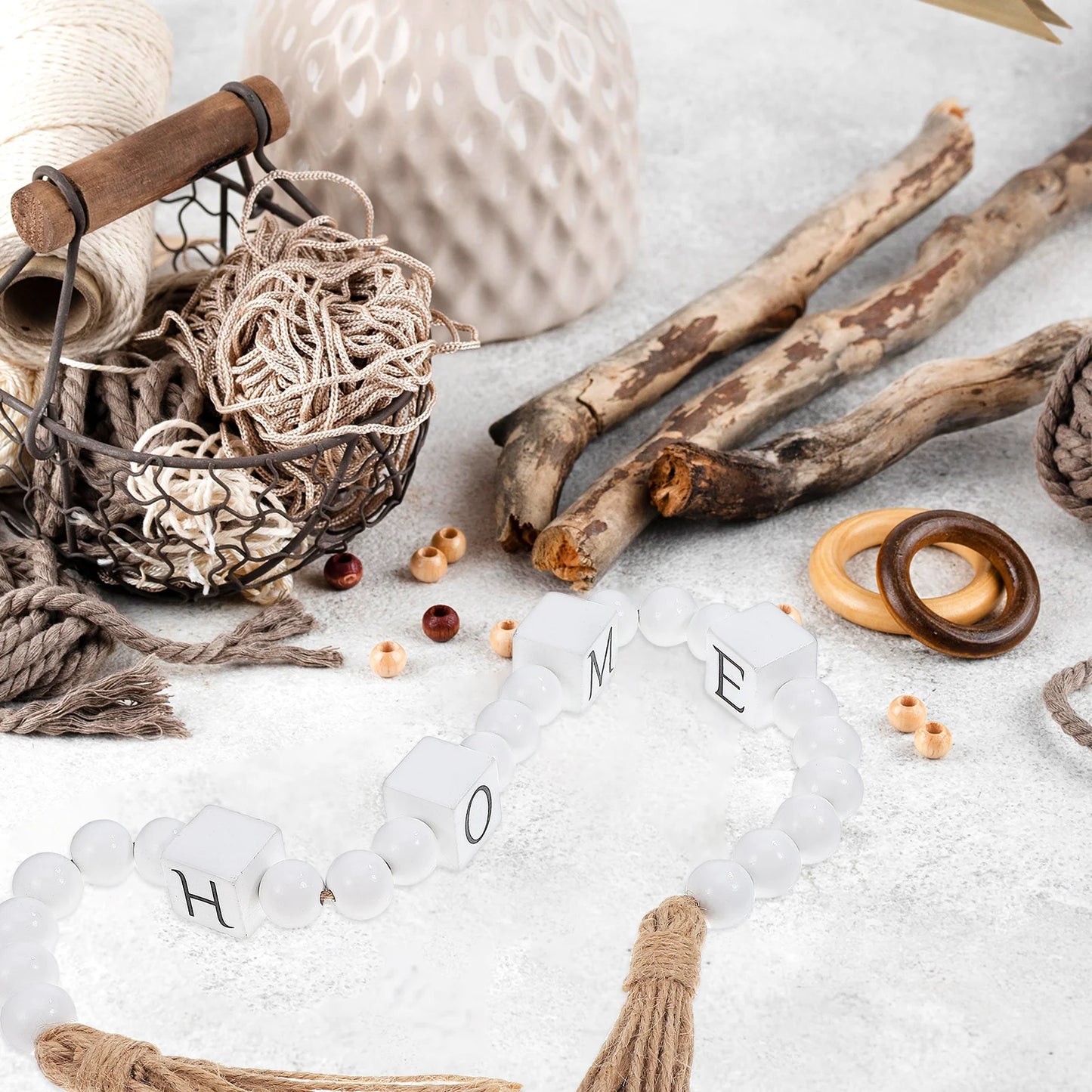 Twine Tassel Beads Wall Hanging Decor Fall Home Ornaments Birthday Decoration for Boy Wood Garland Bohemian Beaded Boho