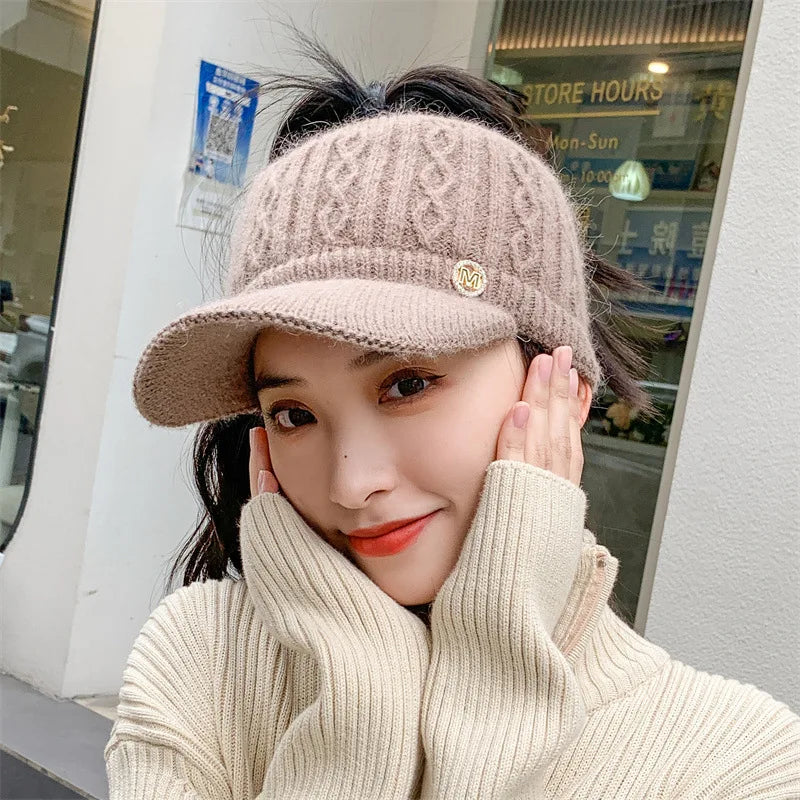 Women's autumn and winter empty top hat knitted rabbit fur and plush thickened warm ear protection duck tongue baseball cap