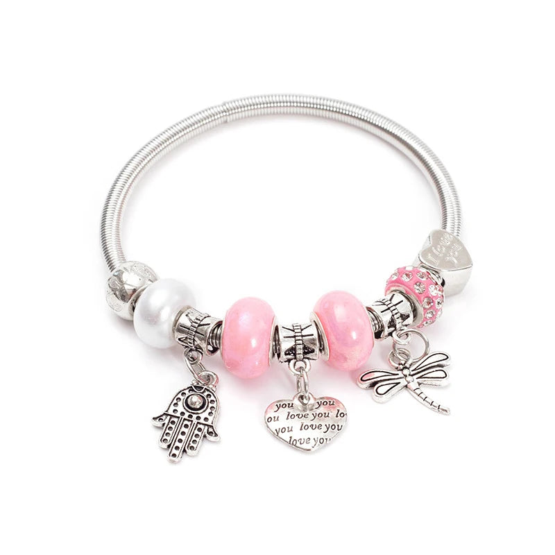 Fashion Simple Pandora Glazed Gem Beads Key Lock Love Hanging Bracelet Light Luxury Vintage Bangle For Women Jewelry Gift