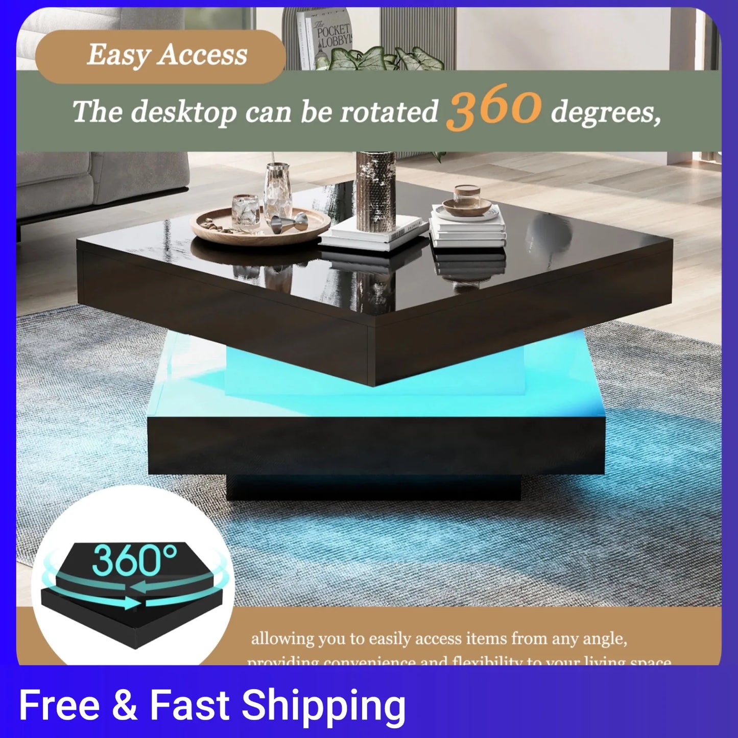 Square High Gloss Coffee Table with 360° Rotating Top,Tea Table with 16-Color LED Light,Centre Table Home Furniture 70x70x36 cm