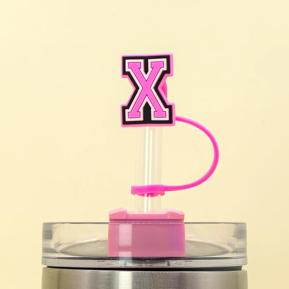 10mm Pink Letter Straw Cover Caps 1PCS Accessories For Cups,Soft Silicone Alphabet Straw Topper Drinkware,Dustproof Straw Caps