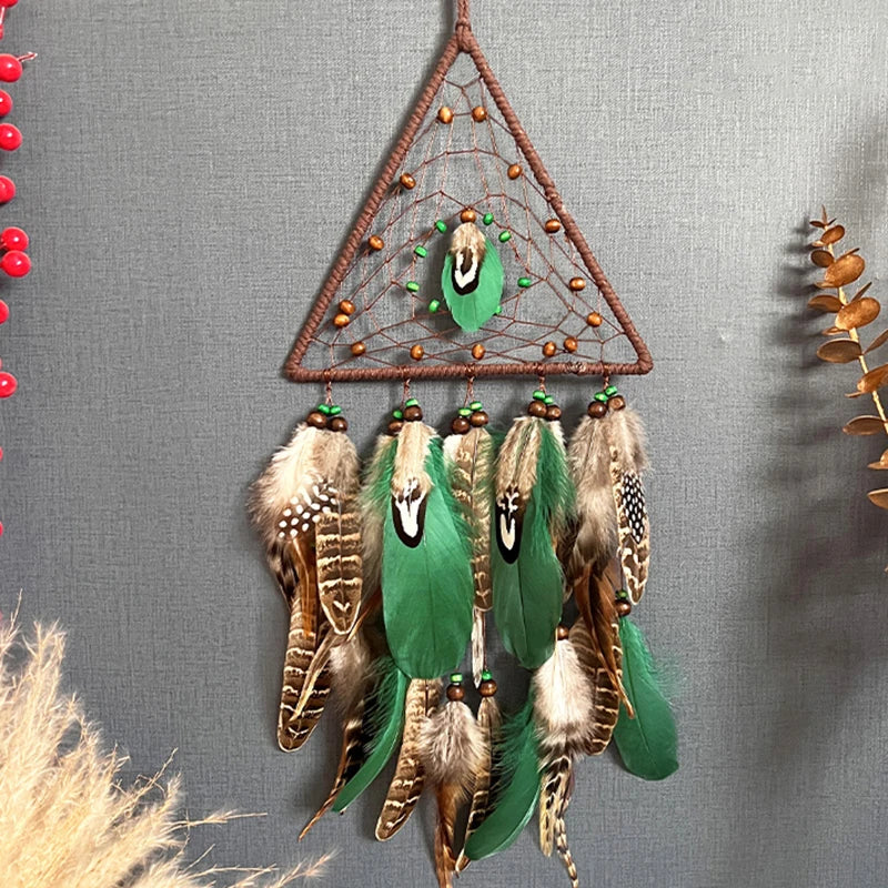 Tejesa Triangle Dream Catcher Wind Chimes Hand-woven Feather Living Room Wall Hanging Ornaments Christmas Gift Home Decoration