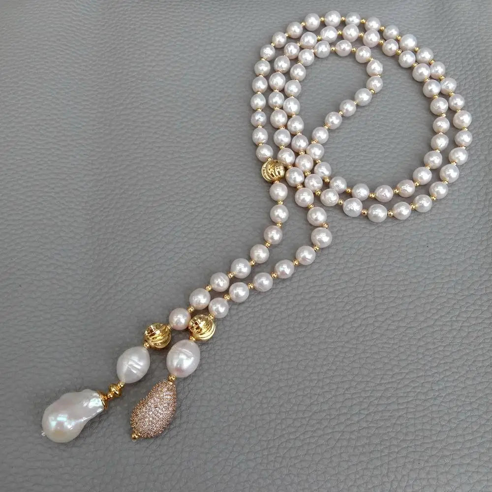 YYGEM White reborn Keshi Pearl  connector  8-9mm near round Freshwater pearl 40" Long  Necklace