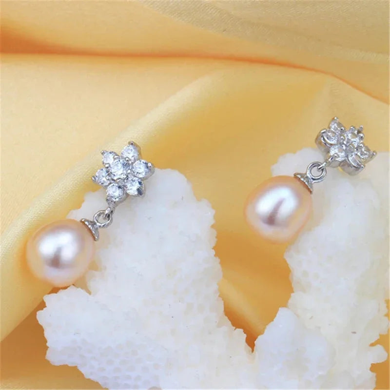 YWYC 8-9mm Natural Freshwater Pearl Earrings Jewelry Gift Hexagram Star 925 Sterling Silver Zircon Drop Earrings for Women