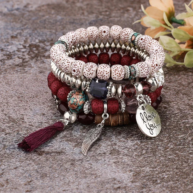 4Pcs Bohemian Beaded Bracelet Set For Women I Love You Letter Round Wing Tassel Charm Elastic Chain Bangle Girls Boho Jewelry