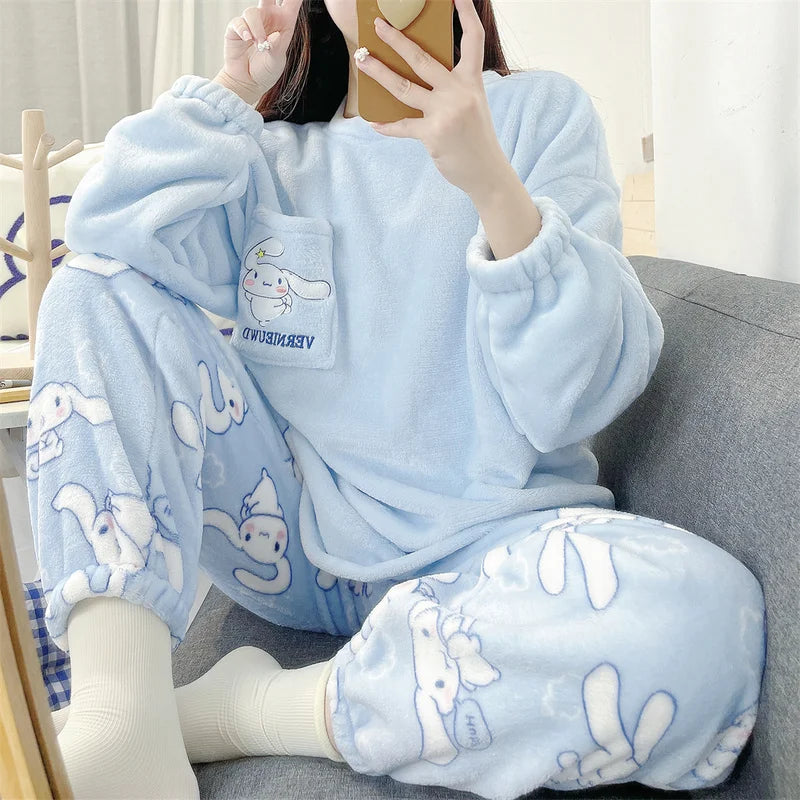 Hemasa  Cinnamoroll Pajamas Kuromi My Melody Flannel Pullover Coral Velvet Winter Warm Pajamas Homewear Girl Gifts