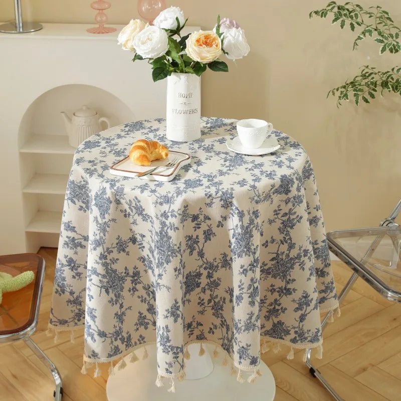 Green Leaves Print Round Tablecloth Cotton Linen Boho Table Cloth with Tassels for Kitchen Restaurant Christmas Party Decoration