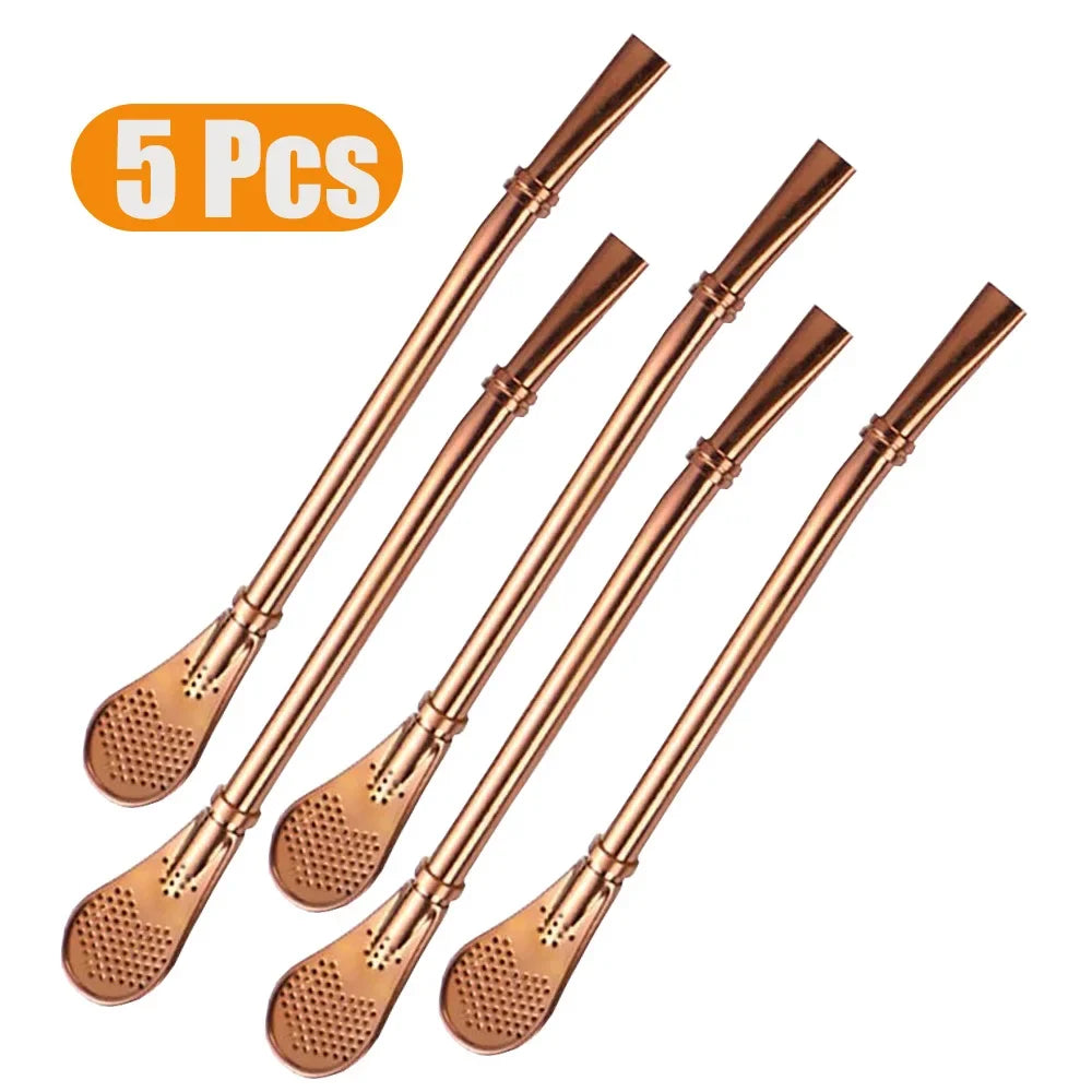 1-10Pcs 304 Stainless Steel Drinking Straw Spoon Tea Filter Reusable Bombilla Gourd Cocktail Straw Spoon Coffee Bar Accessory
