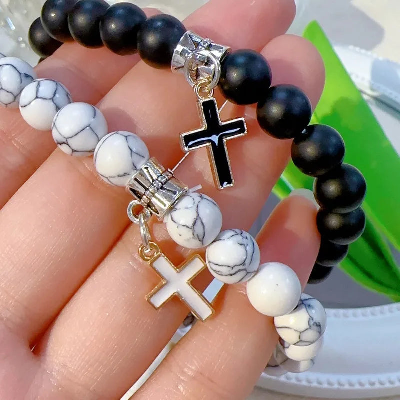 Couple Charm Natural Stone Bracelet Cross Black Lava Matte Beaded Bracelets Handmade Men Women Prayer Fitness Chain Jewelry Gift