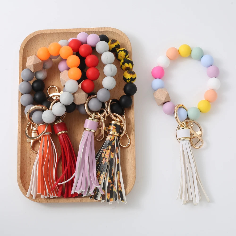 Hemasa  Colourful  Silicone Beads  Bracelet Keyring Women Girls with  Tassel Pendant Keychain