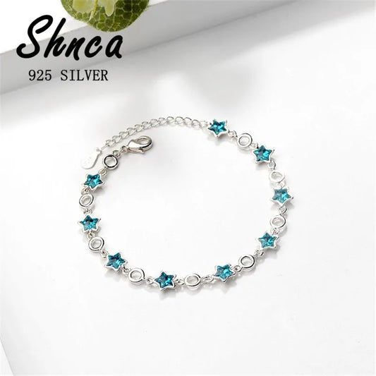 925 Sterling Silver Rhinestone Stars Charm Bracelets &Bangle For Women Girl Fine Jewelry Student Present XB109