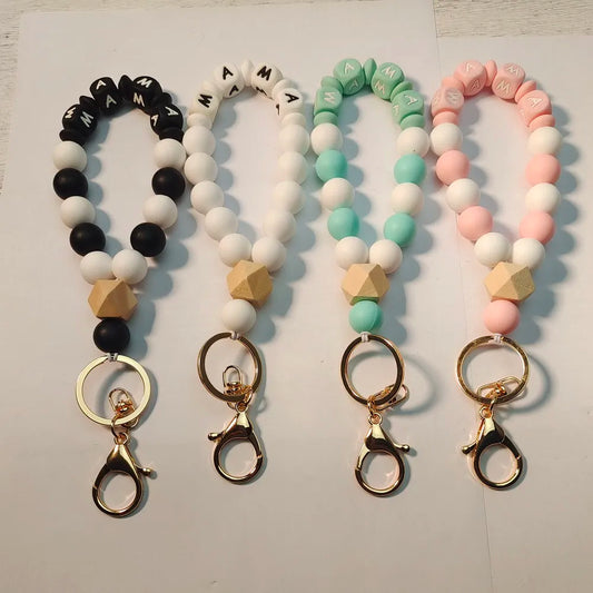 Silicone Keychain For Keys Wood Beads MAMA Bracelet Keyring For Men Colorful Charm For Wrist Accessories Wholesale 2024 New