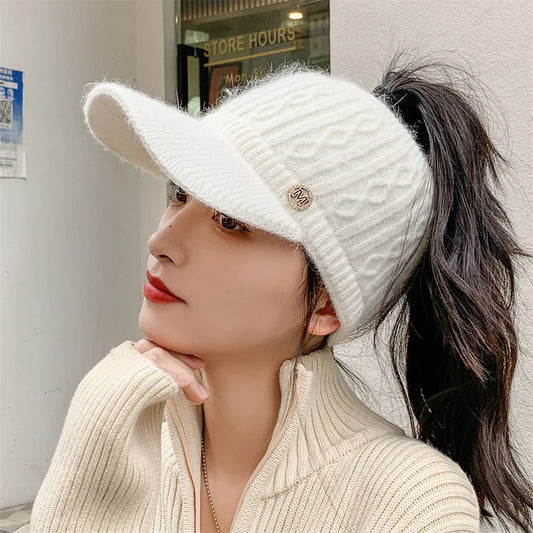 Women's autumn and winter empty top hat knitted rabbit fur and plush thickened warm ear protection duck tongue baseball cap