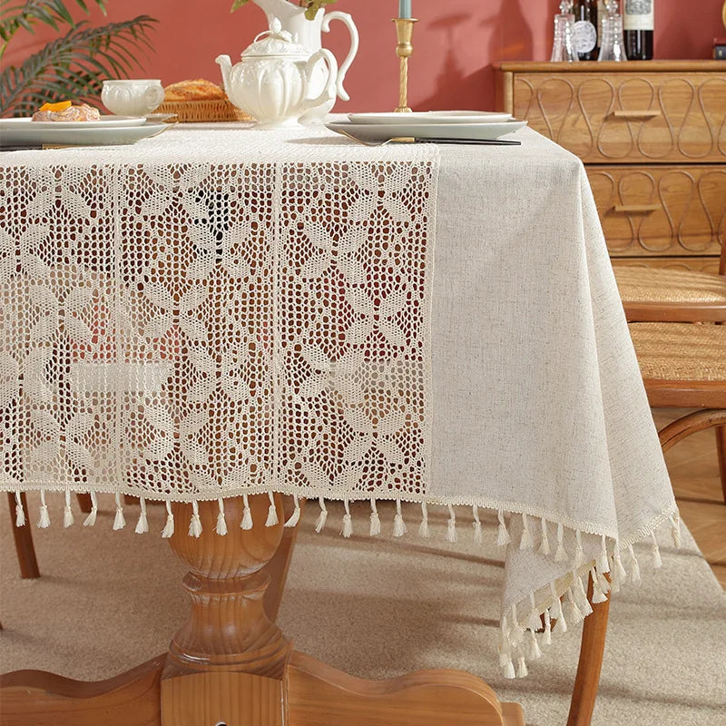 Tejesa Polyester and linen, with a simple and elegant style. Hollow out and spliced rectangular shape Table Cloth