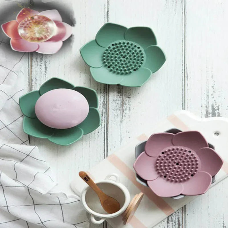 Hemasa Soap Box Lotus Shape Non-slip Portable Silicone for Draining Soap Tray Draining Soap Dish Bathroom