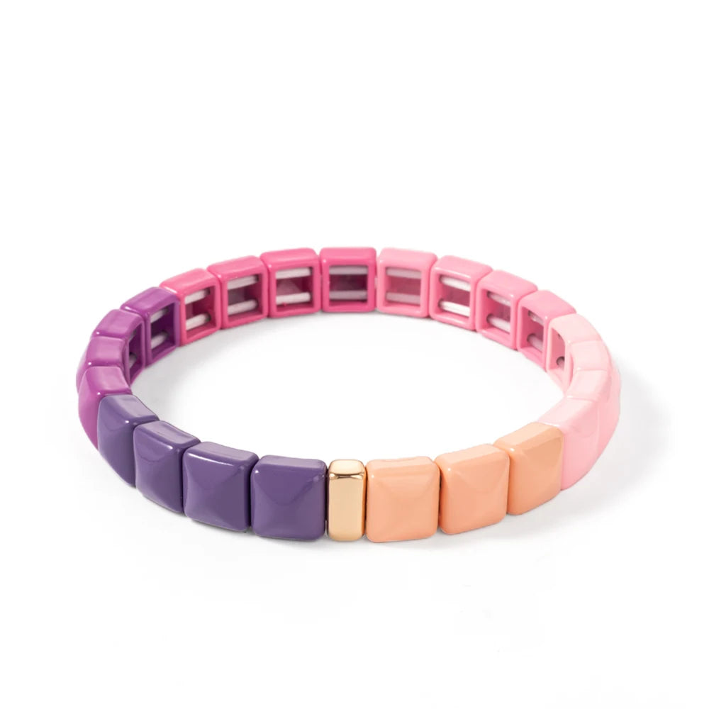 Tejesa Colorful Enamel Square Shape Rhombus Faced Bohemain Geometric Elastic Bracelets For Women