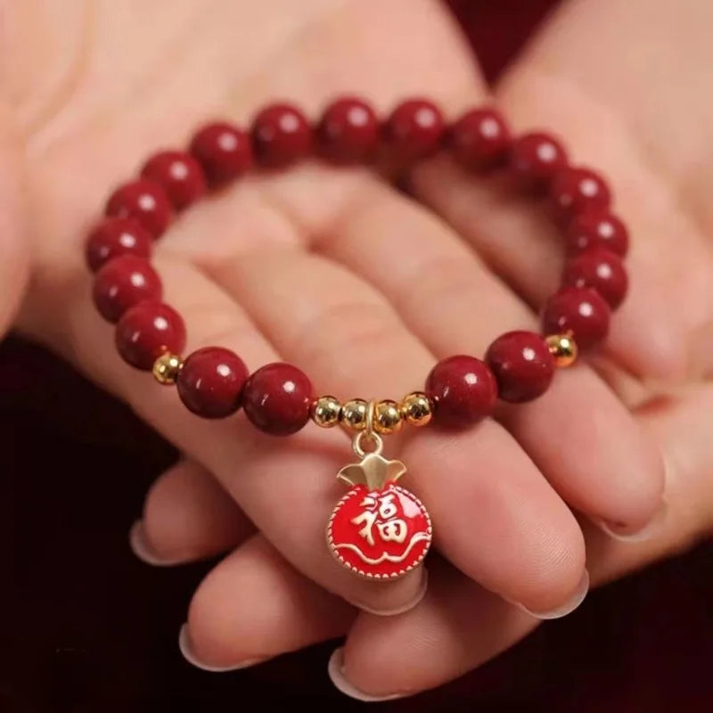 Natural Red Cinnabar 6mm Bead Blessing Bag Bracelet Elastic Bangle Tassels Fashion Charm Jewelry Wholesale Amulet Gift for Women