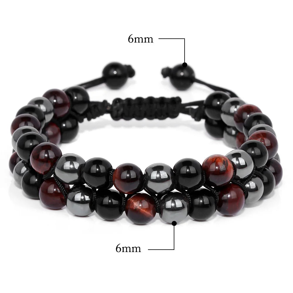 Tejesa Triple Protection Bracelet 6mm Beads Black Obsidian Hematite Tiger Eye Rope Bracelet for Men Women Weight Loss Slimming Bangle