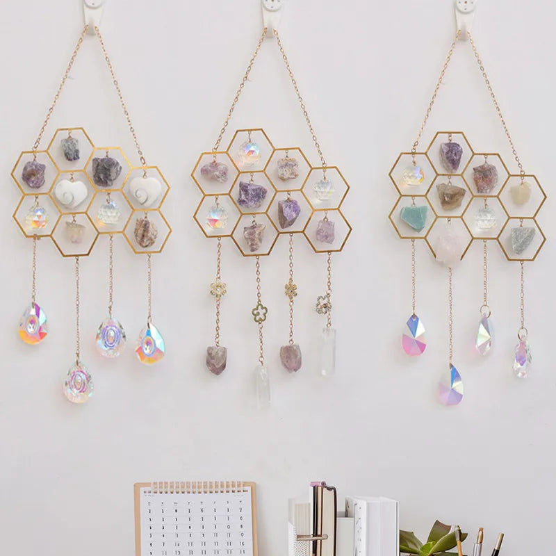 Crystals Honeycomb Suncatcher Window Hanging Decor Raw Mineral Amethyst Fluorite Gems Natural Stones Home Indoor Ornament Gifts