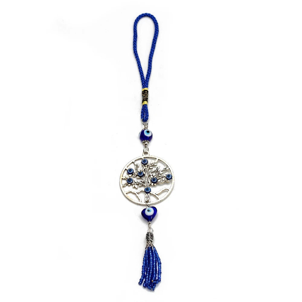 Lucky Eye Alloy Tree of Life Pendant Wall Hanging Tassel Heart Turkish Evil Eye Bead Keychain Car Keyring for Women Men Jewelry