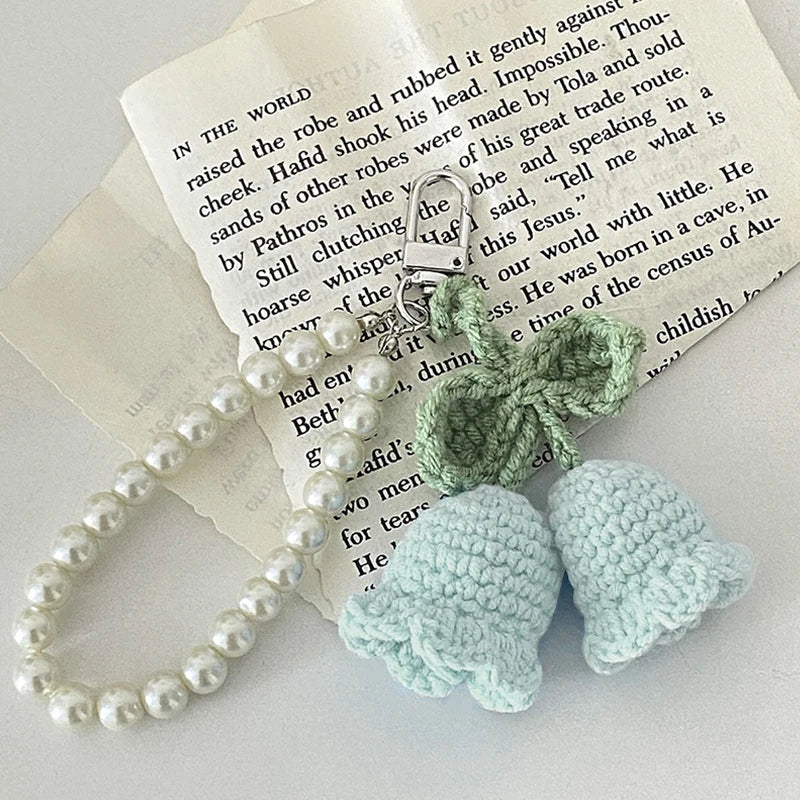Hemasa 1pc Sweet Wool Crochet Lily Of The Valley Keychain Girls Pearl Chain Bag Pendant