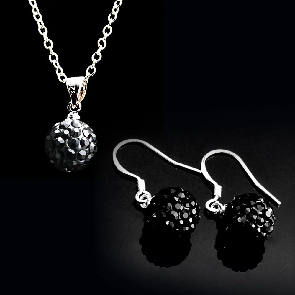 Brand Female Jewelry Set Women's Fashion Ab White Crystal 10mm Ball Drop Earrings Necklace Pendant Set Silver Color Wholesale