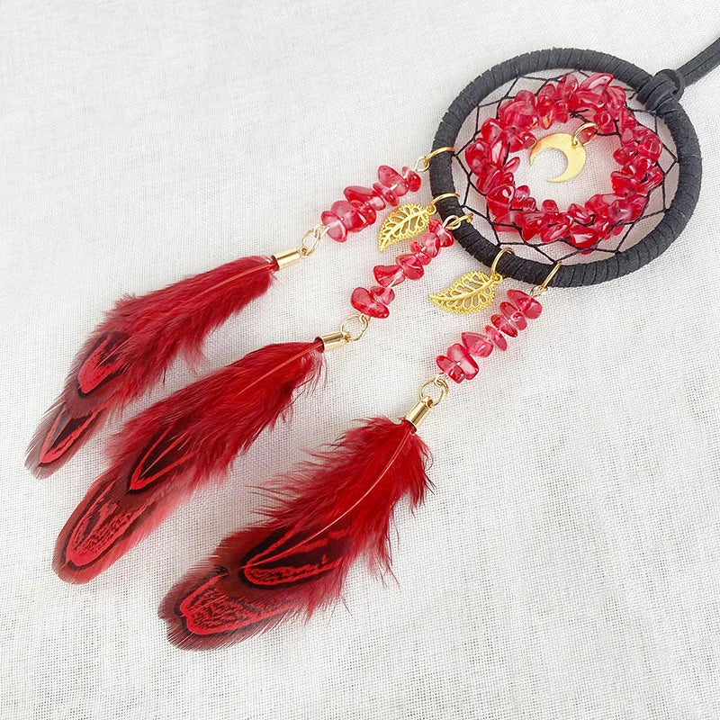 Hemasa Red Colour Crystal Stone Red Feather Wind Chime  Dream Catcher  for Car Pendant Creative Bedroom