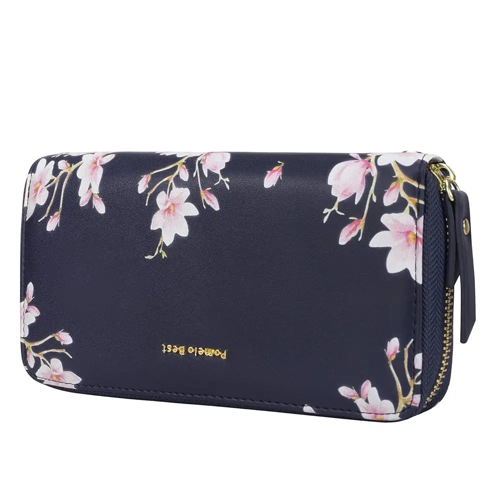 Tejesa RFID Blocking Leather Multi Credit Card Large Capacity Zip Around Wallets Clutch Wristlet Travel Flower Long Purse for Women